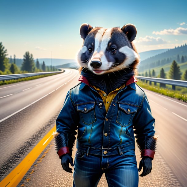 Image of a badger in a jeans on the highway