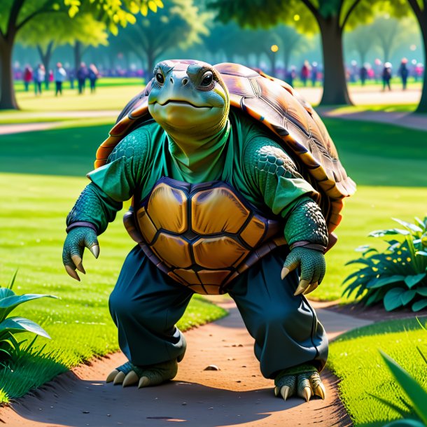 Image of a tortoise in a trousers in the park