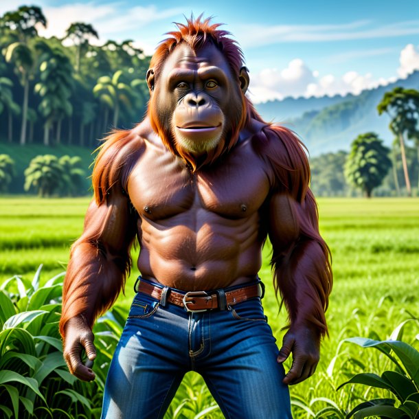 Image of a orangutan in a jeans on the field