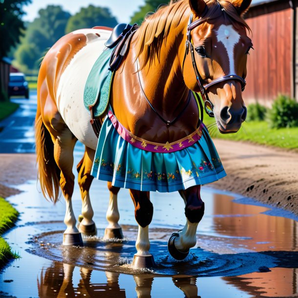 Picture of a horse in a skirt in the puddle