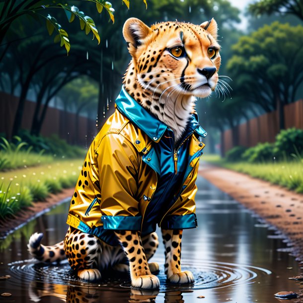 Illustration of a cheetah in a jacket in the puddle