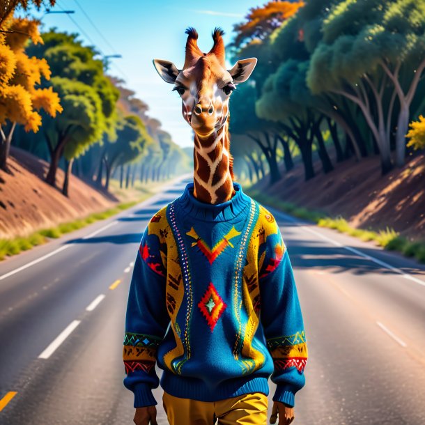 Picture of a giraffe in a sweater on the road