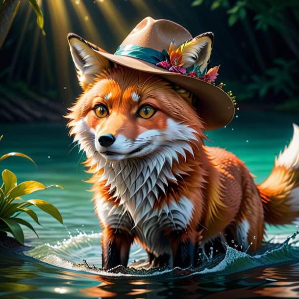 Illustration of a fox in a hat in the water