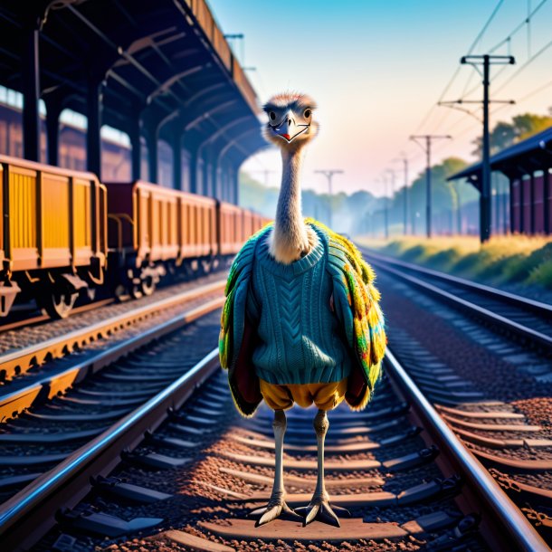 Picture of a ostrich in a sweater on the railway tracks