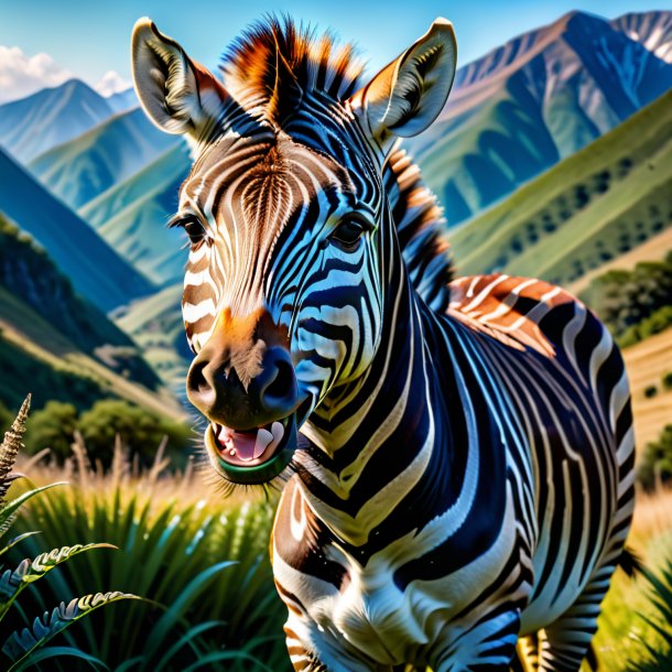 Photo of a smiling of a zebra in the mountains