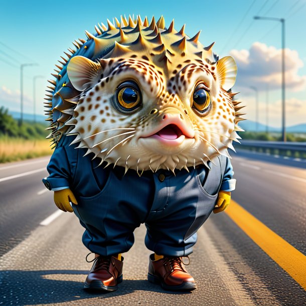 Drawing of a pufferfish in a trousers on the highway