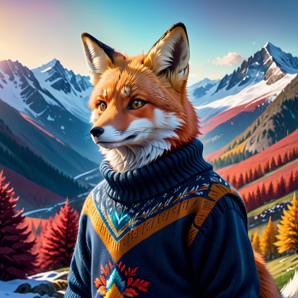 Illustration of a fox in a sweater in the mountains