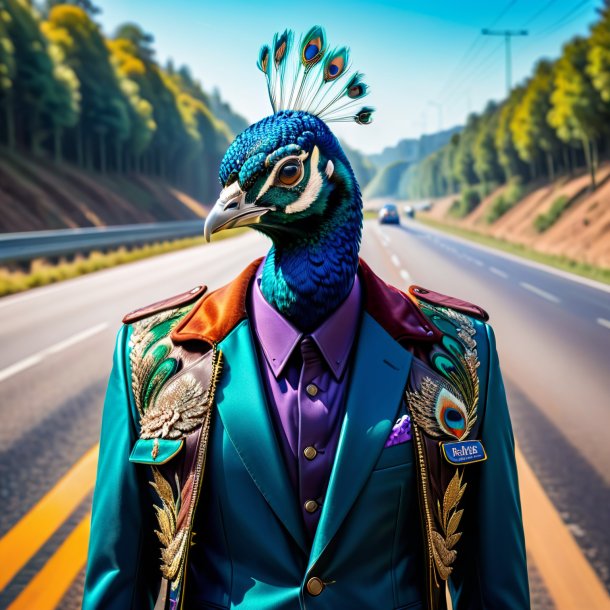 Picture of a peacock in a jacket on the highway