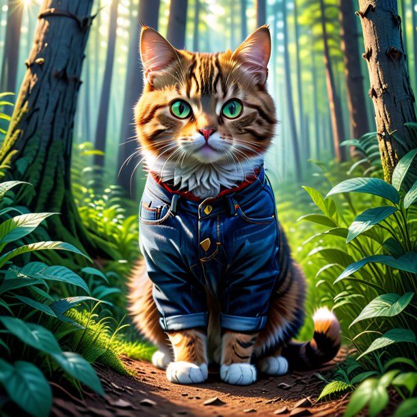 Picture of a cat in a jeans in the forest