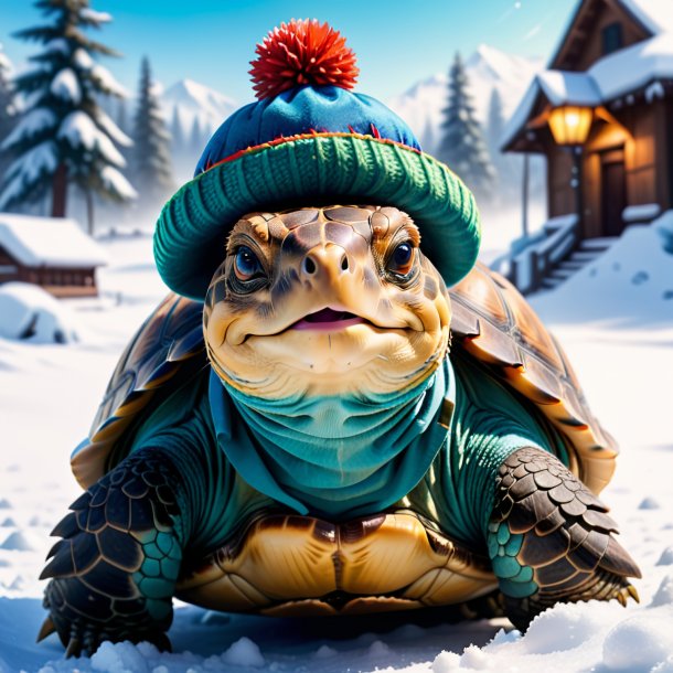 Picture of a tortoise in a hat in the snow