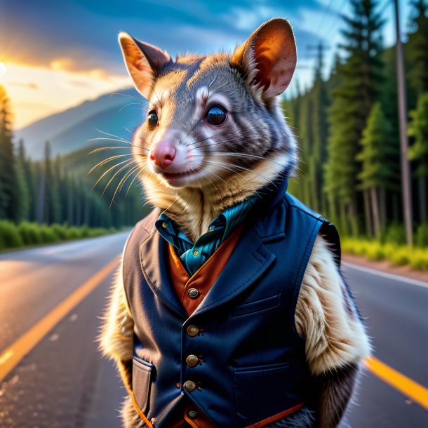 Photo d'un possum dans un gilet sur la route