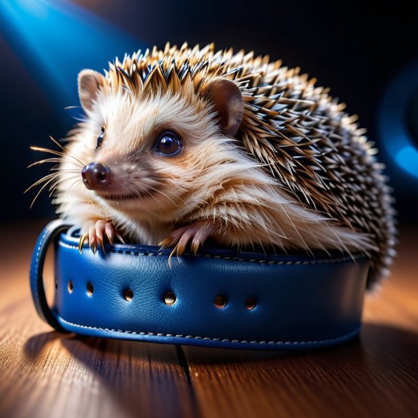 Photo of a hedgehog in a blue belt