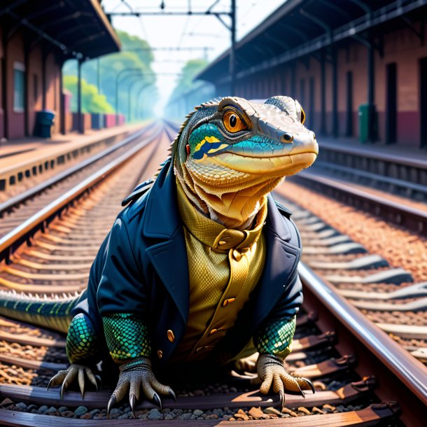 Ilustração de um lagarto monitor em um casaco nos trilhos ferroviários