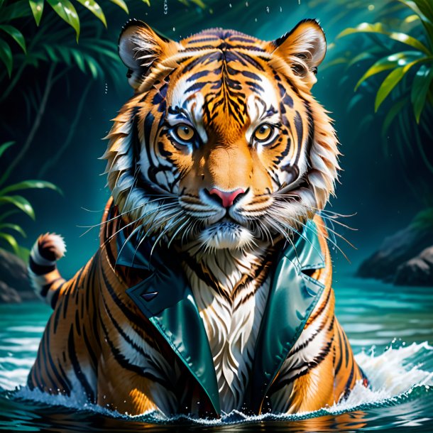 Image of a tiger in a coat in the water