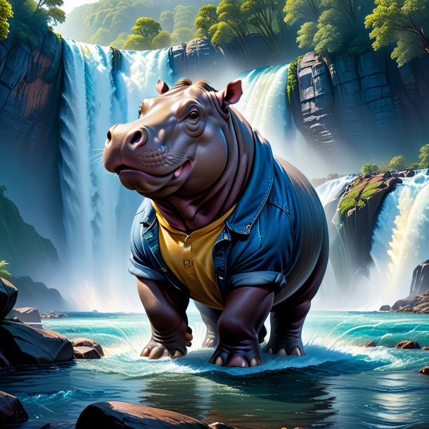 Drawing of a hippopotamus in a jeans in the waterfall