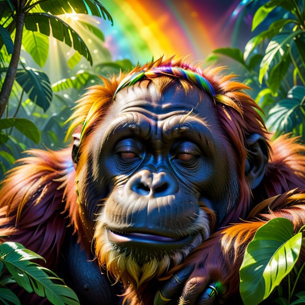 Photo of a sleeping of a orangutan on the rainbow