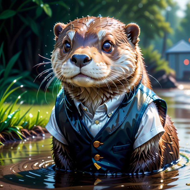 Illustration of a otter in a vest in the puddle