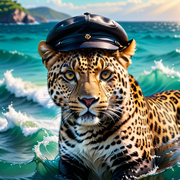 Imagen de un leopardo en una gorra en el mar