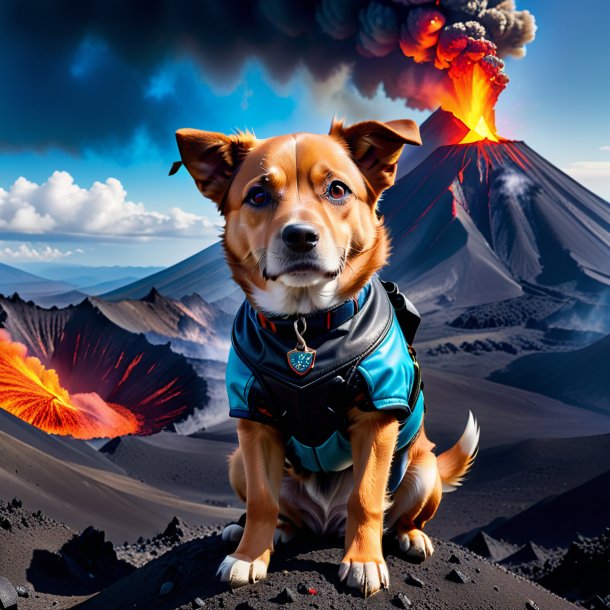 Image of a dog in a gloves in the volcano