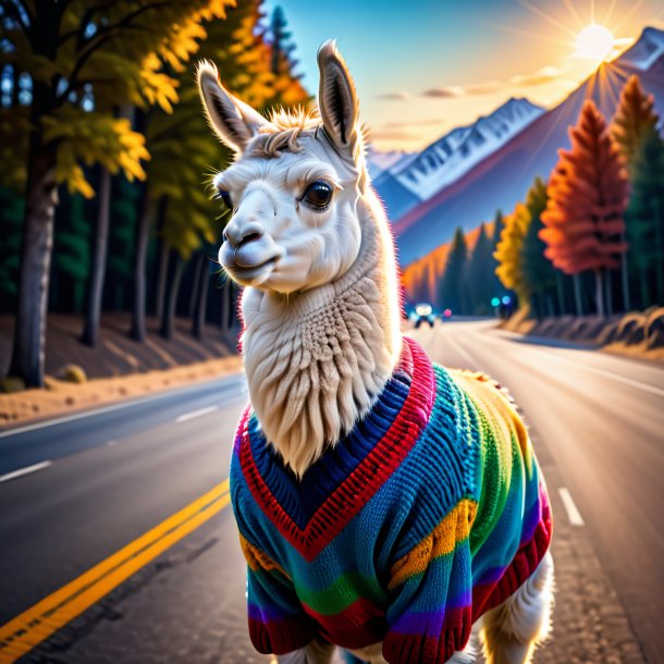 Picture of a llama in a sweater on the road