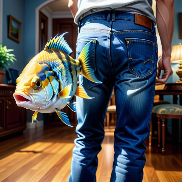 Dessin d'un poisson dans un jean dans la maison