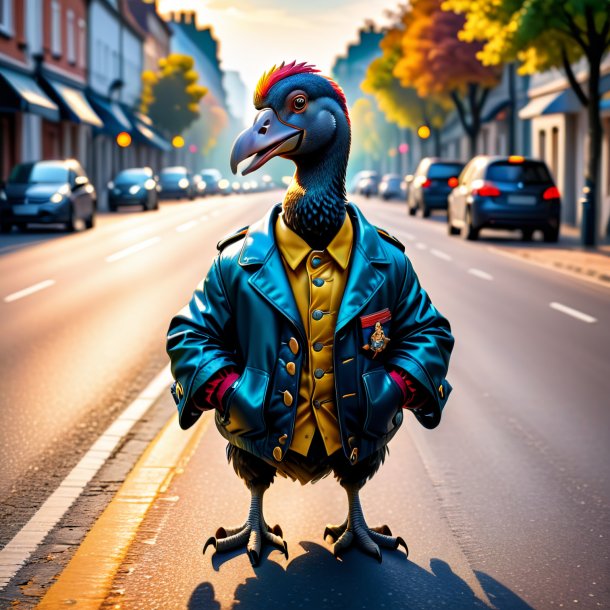 Foto de un dodo en una chaqueta en el camino