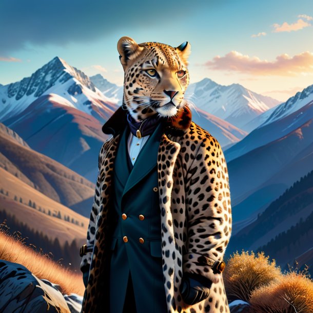 Illustration of a leopard in a coat in the mountains