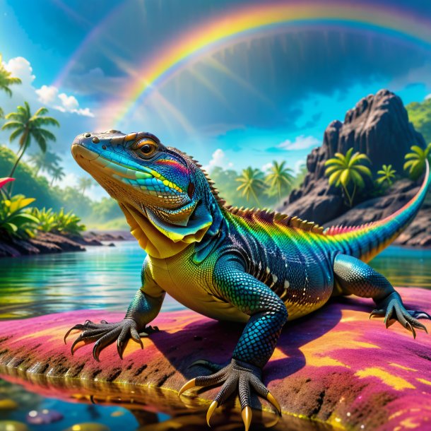 Picture of a swimming of a monitor lizard on the rainbow