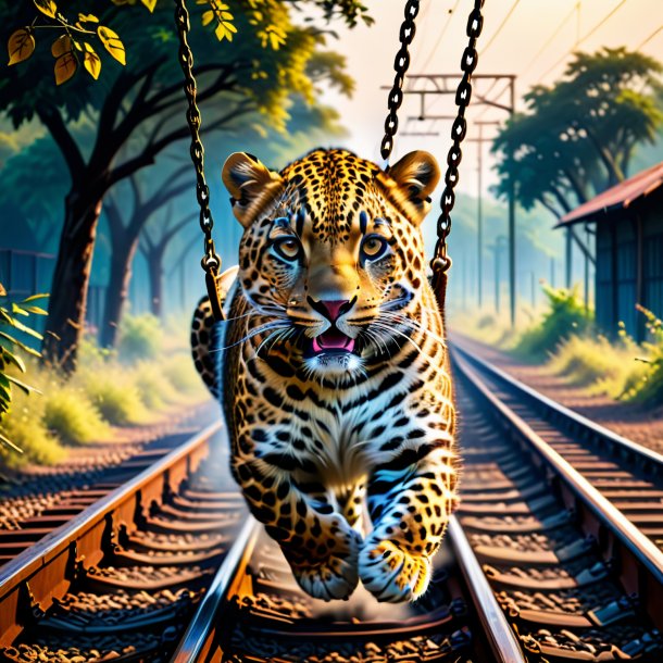 Image of a swinging on a swing of a leopard on the railway tracks