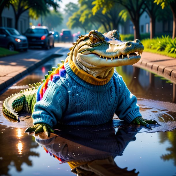 Foto de un cocodrilo en un suéter en el charco