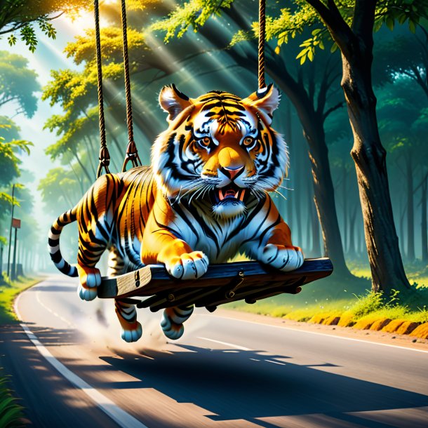 Image of a swinging on a swing of a tiger on the road