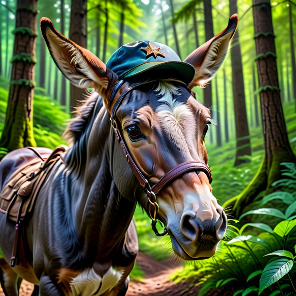 Foto de uma mula em um boné na floresta