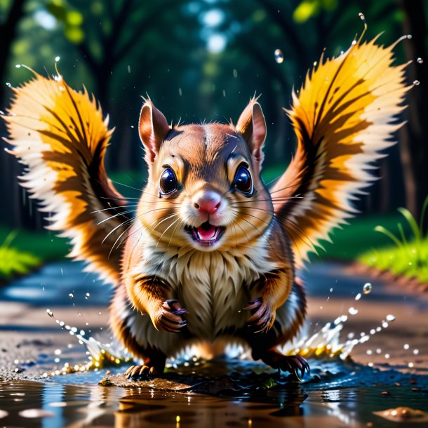 Picture of a angry of a flying squirrel in the puddle