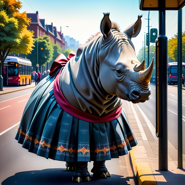 Photo of a rhinoceros in a skirt on the bus stop