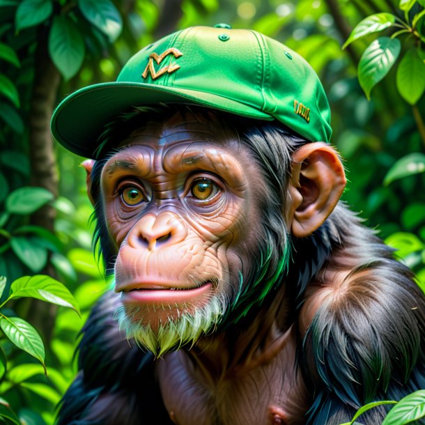 Image of a chimpanzee in a green cap