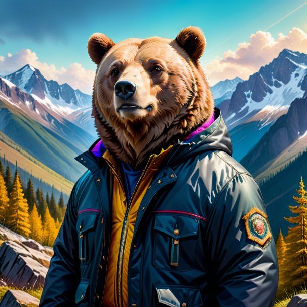 Drawing of a bear in a jacket in the mountains