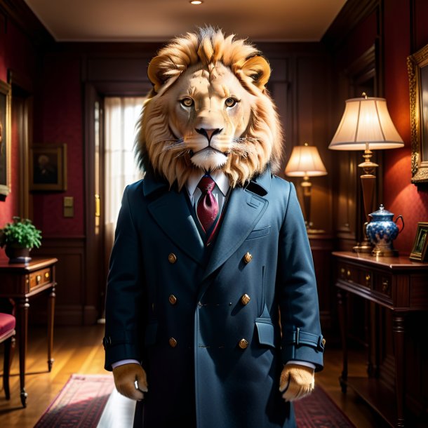 Photo of a lion in a coat in the house