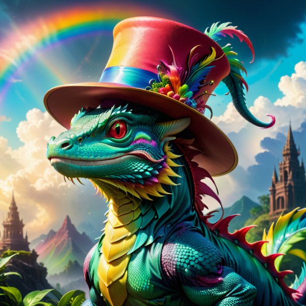 Foto de un basilisk en un sombrero en el arco iris