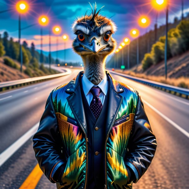 Photo of a emu in a jacket on the highway