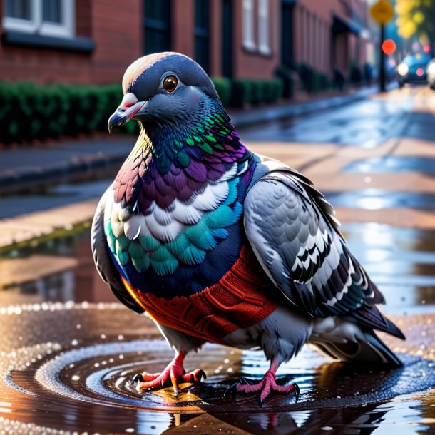 Pic d'un pigeon dans un pull dans la flaque