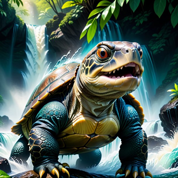 Image of a threatening of a turtle in the waterfall