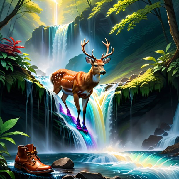 Drawing of a deer in a shoes in the waterfall