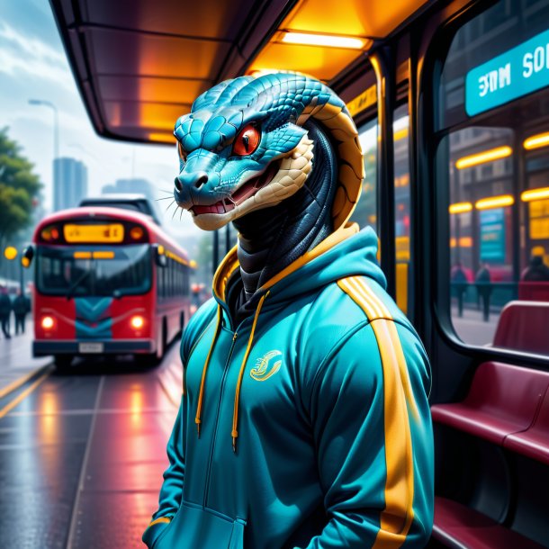 Picture of a cobra in a hoodie on the bus stop