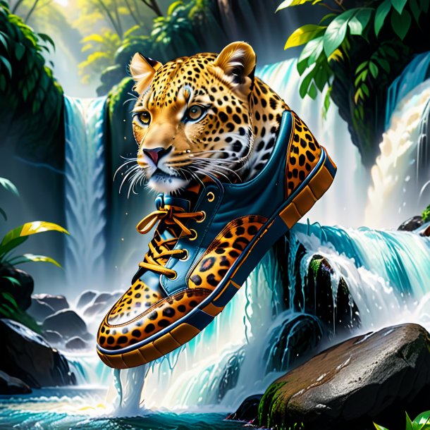 Desenho de um leopardo em um sapato na cachoeira