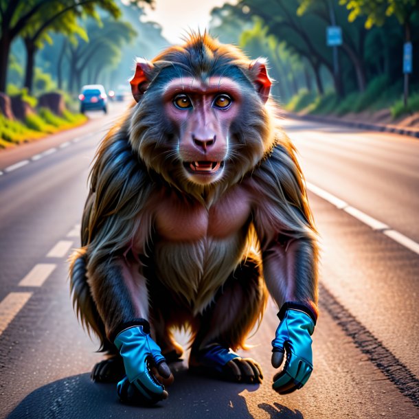 Photo of a baboon in a gloves on the road