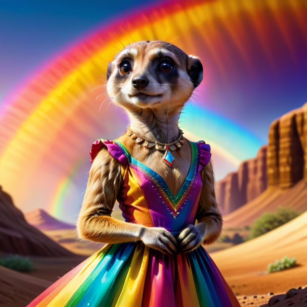 Illustration of a meerkat in a dress on the rainbow