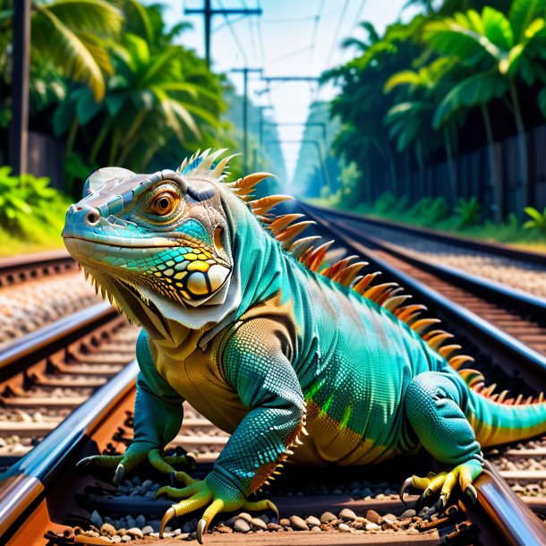 Foto de una espera de una iguana en las vías ferroviarias