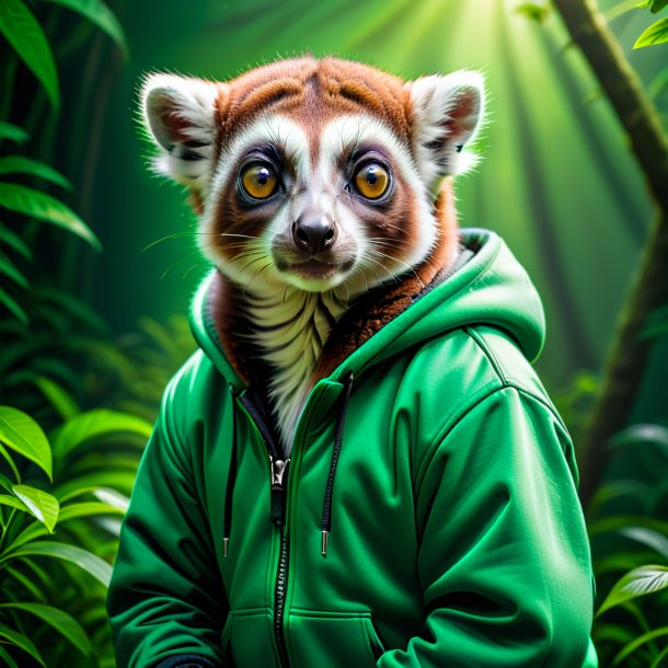 Photo of a lemur in a green hoodie