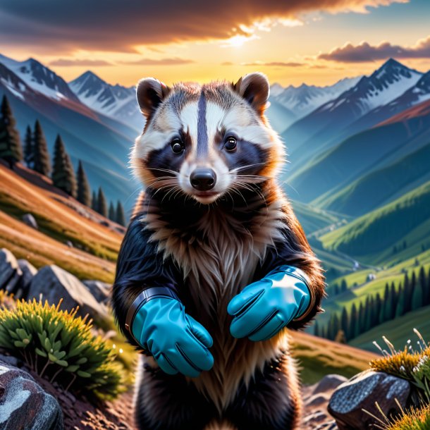 Photo of a badger in a gloves in the mountains