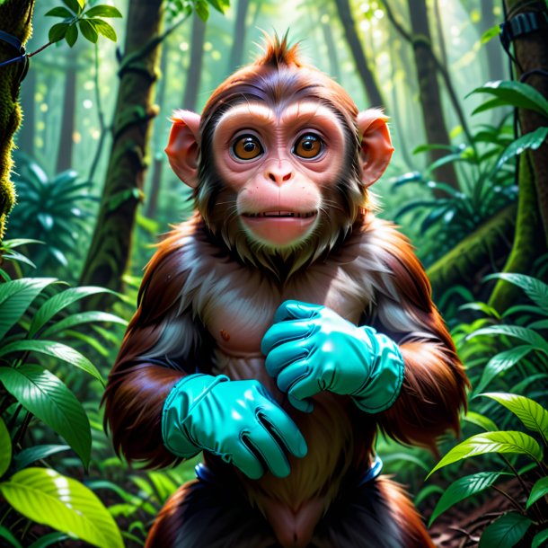 Photo of a monkey in a gloves in the forest